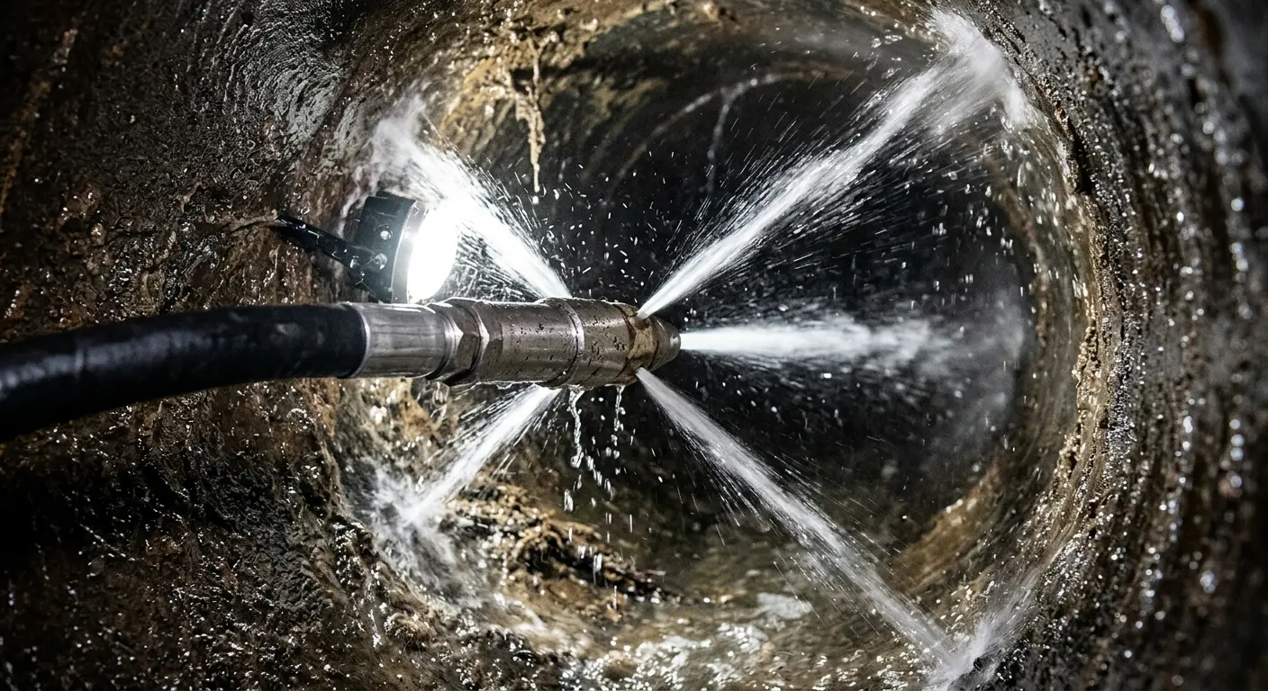High-pressure hydro jetting nozzle cleaning sewer pipe for Trenchless Sewer Repair in Mills River
