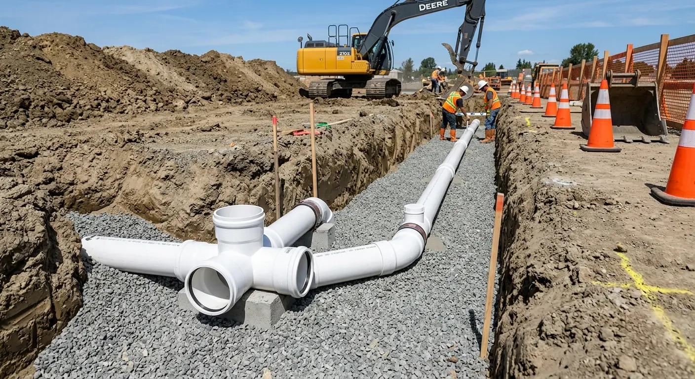 New PVC sewer pipe installation in open trench for Sewer Backup in Mills River