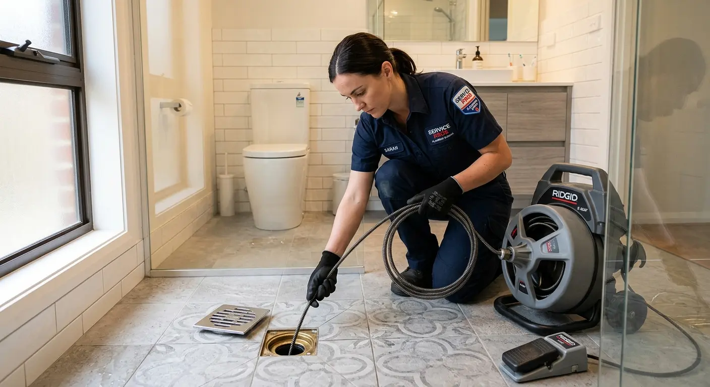 Technician clearing a bathroom floor drain for Drain Cleaning in Mills River